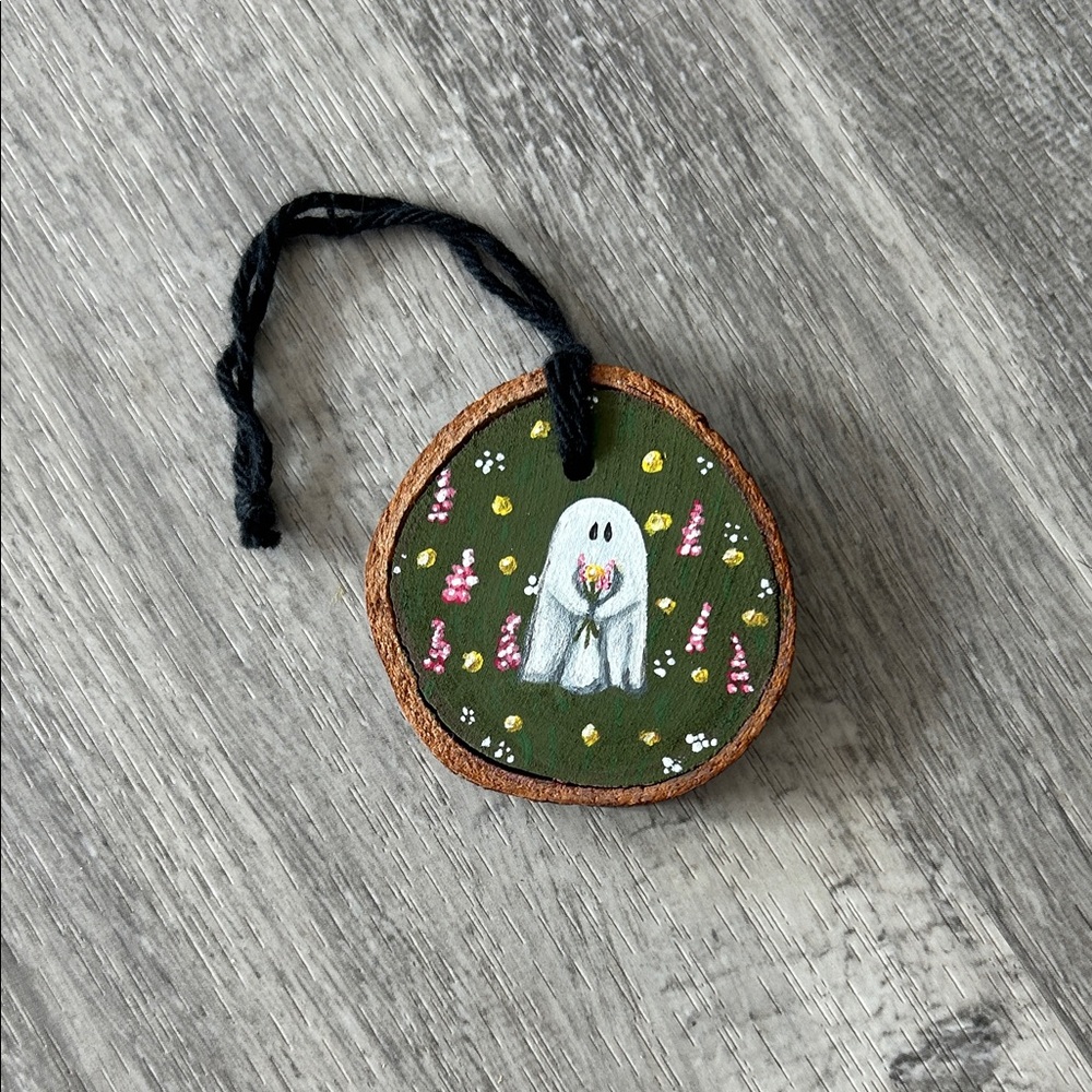 Cute ghost hand painted wood ornament